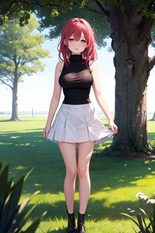 ((masterpiece, best quality, ultra-detailed)), 1girl, beautiful woman in park, smiling, blush, wearing pink cropped tank top and headphones, denim pencil skirt, medium length skirt, sneakers, full body, wavy red hair, wide hips, hand on hip, summer garden, park