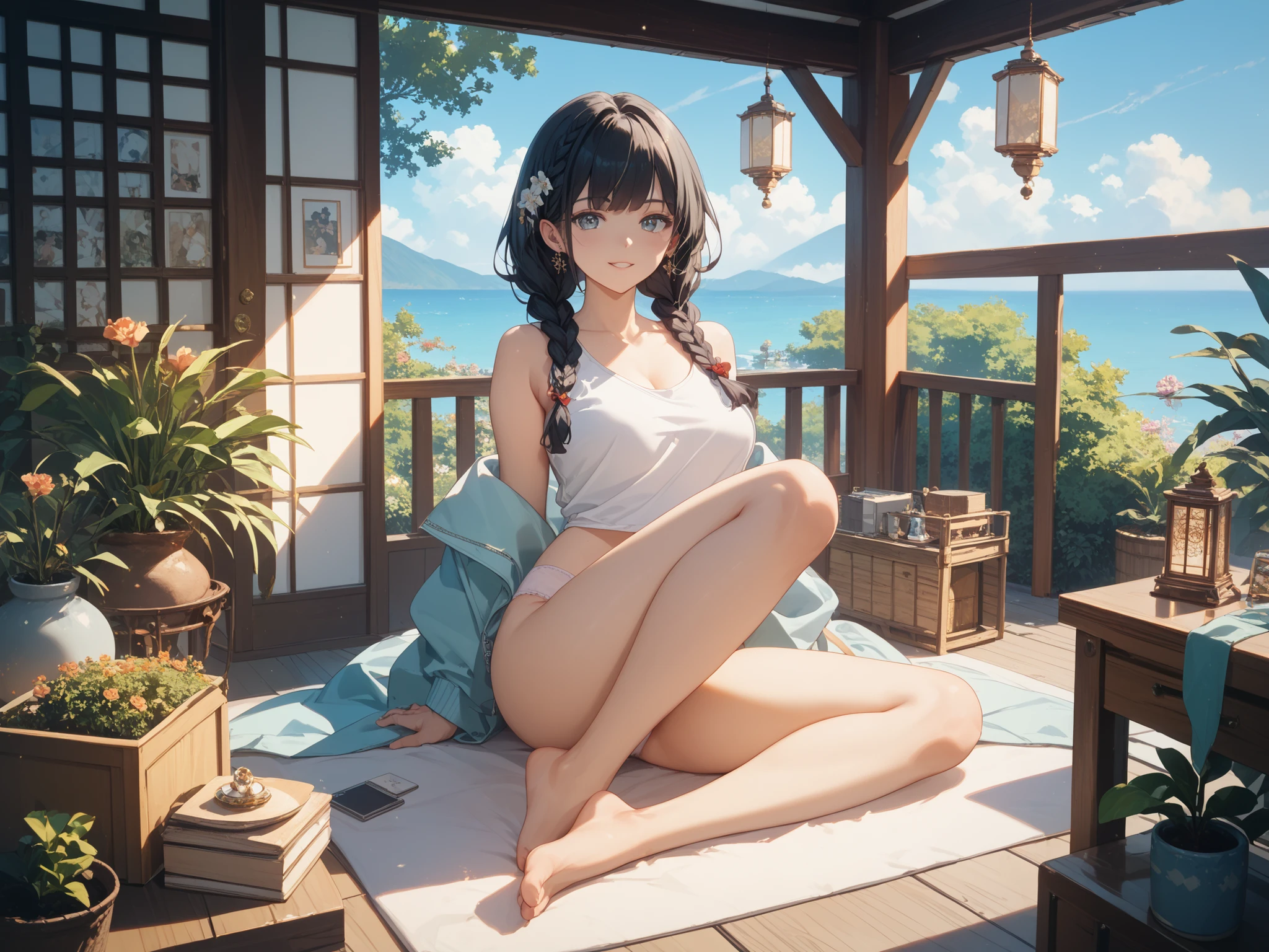 realistic photo, best possible quality,
meditation scene, tai-chi, Japanese ornamentation, tea house, flat place with decorative stones on the floor, plants alongside in harmony and a small waterfall.
we see a naked woman in profile, on the floor, she puts her head on the floor with her arms stretched out on the floor, while she sticks her bare butt up, bending her knees on the floor, her breasts are small and firm, her firm nipples touch the floor, her delicate feet, perfect hands, her big, straight hair touches the floor.
she is at peace doing yoga naked
