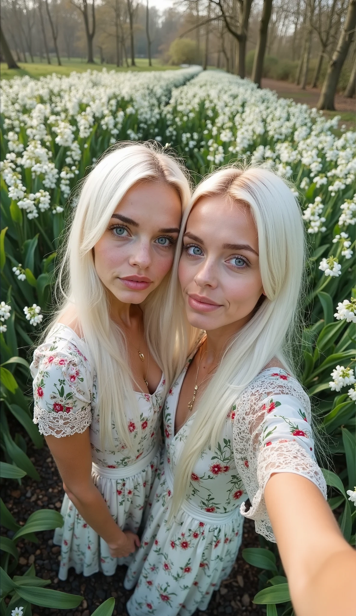 A 23 year old blonde woman, ((big breasts)), ((hyperrealism)),. blonde hair with light blonde roots. Blonde hair, Hair with blonde roots, extra long hair, beautiful, front view, selfie, photo taken with iPhone, elegant black shirt with low cut, low cut, garden selfie, high quality, iPhone selfie, Cleavage, Full body image