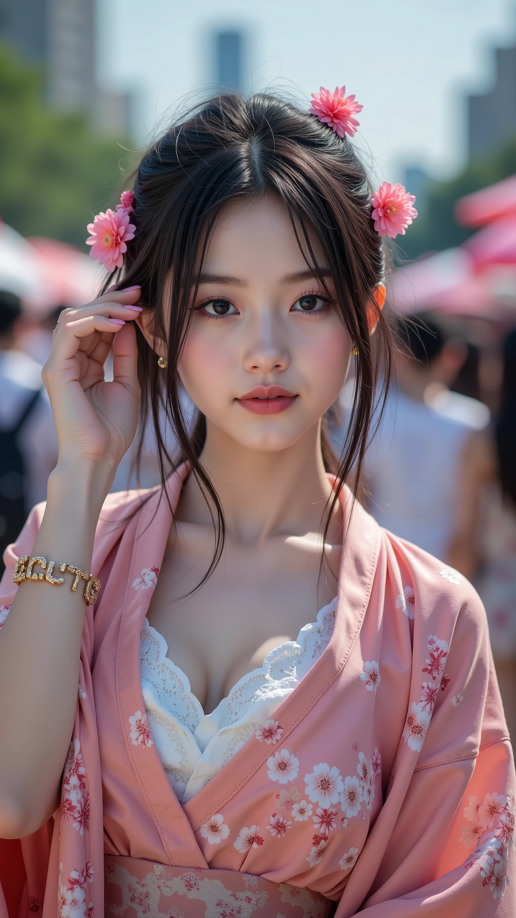 Summer Festival、crowded with people、, is an exceptional beauty even in the world that attracts the attention of those around her、Wearing a yukata and putting her hair together、8Life-sized beauty 、 without makeup、pink lips、Surreal Pictures、super realistic pictures、Portrait、 original photo 、realism、((( full body shot )))、