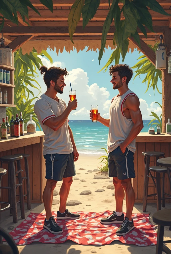 ((2heads)), sunbathing, beautiful man, 47 years old, italian, Brazilian, realistic, sunny, noon,photography, wearing a tiny colorful speedo, on thbeach in the Bahamas, holding a beer, smiling