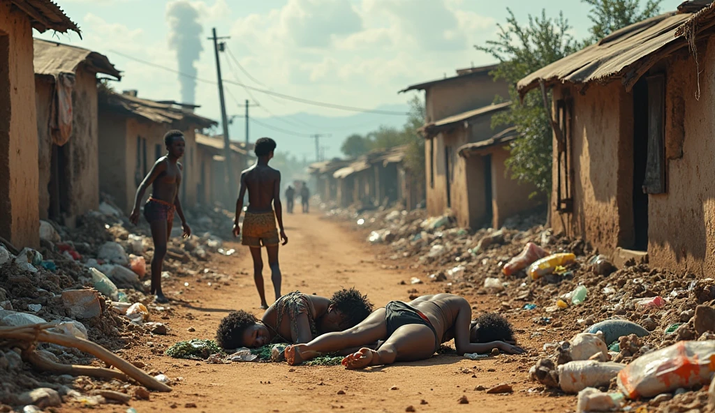 A book cover depicting themes of South African Apartheid. Children appearing dead shot by Apartheid police. Background should be soweto town shacks