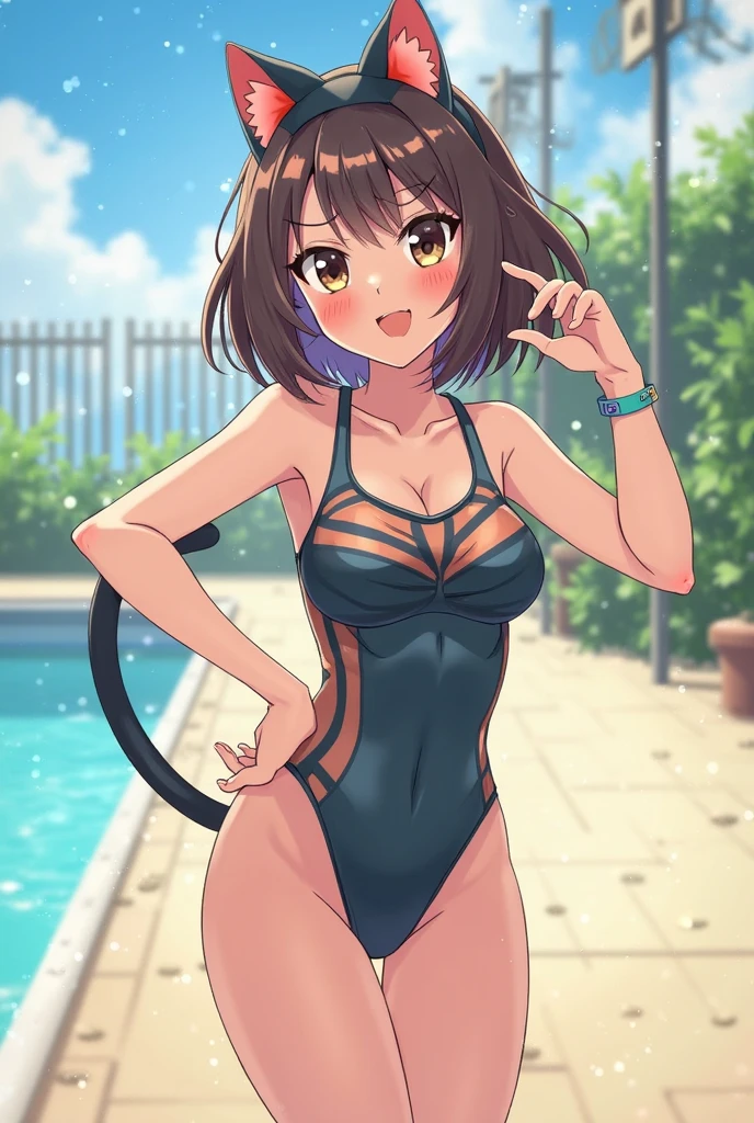 ((best quality)), ((masterpiece)), (detailed), 1girl, medium sized breasts, feminine short hair, black hair, gorgeous women, cat ears, green eyes, vertical slit pupils, black bikini, university pool background, smiling expression, wide shot, full body