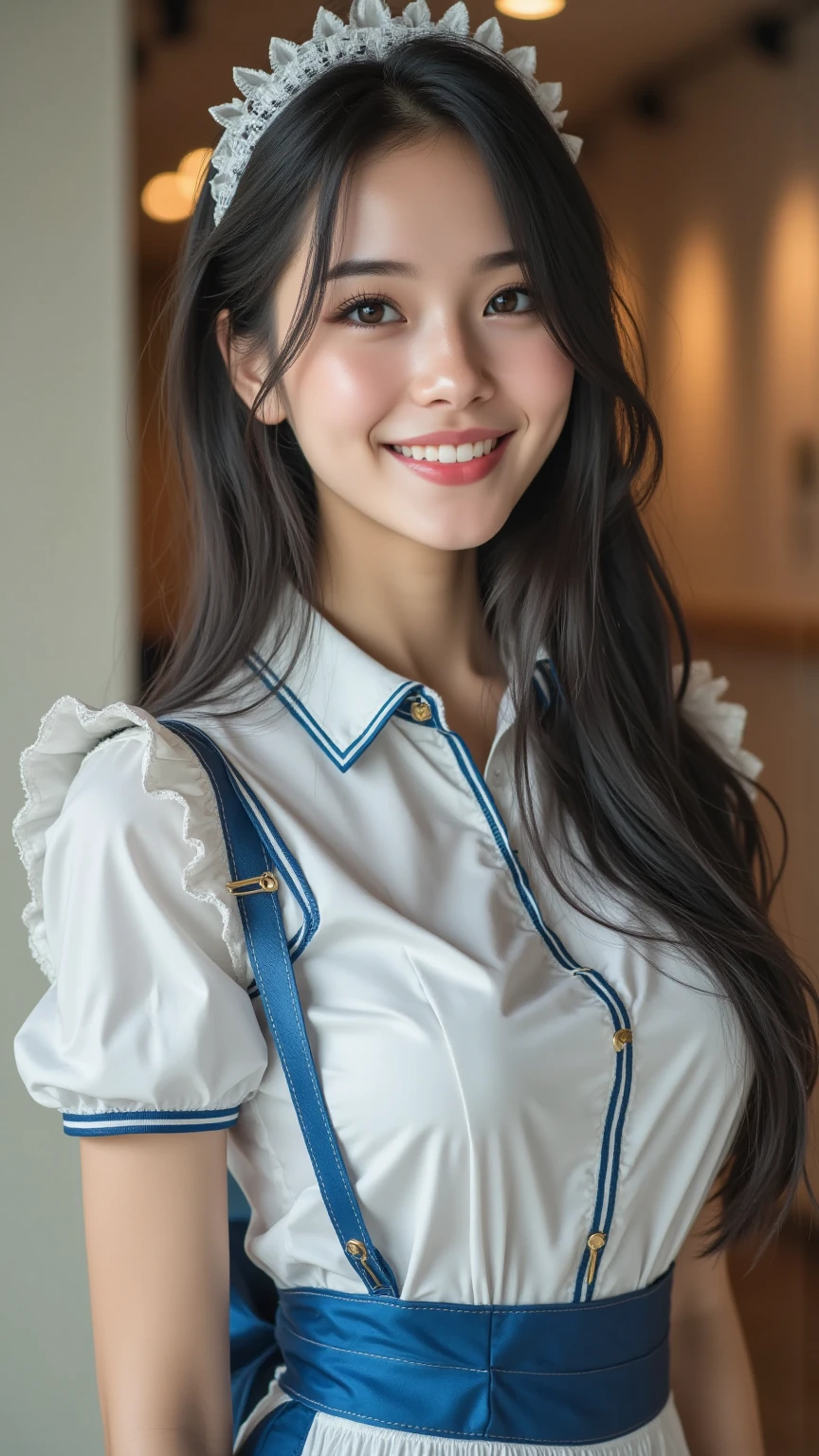 masterpiece, Highest quality, High resolution, Very detailed, Detailed Background,(Fraurem Chrome, (Black Hair, Semi-long hair, Blue ribbon in ponytail),(White blouse, Blue short ribbon tie, Blue long skirt), small, Neat, Iris,study, A kind smile), Scale out, Chic study, vase