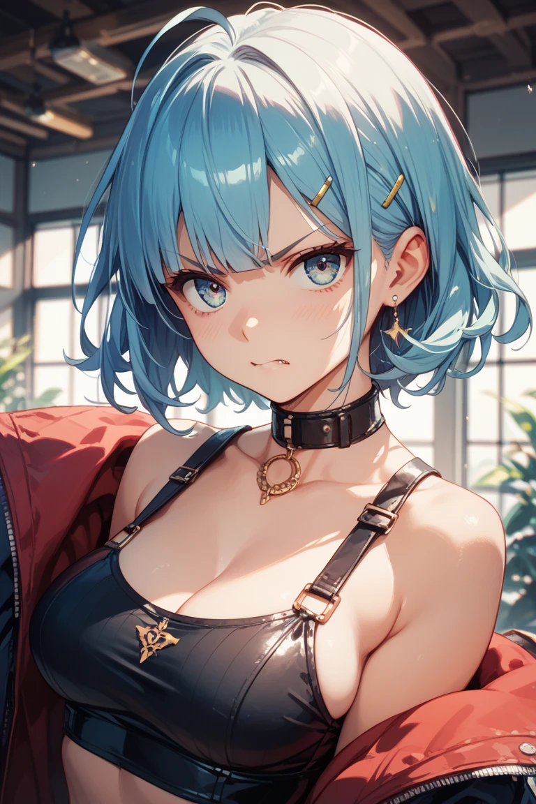 High resolution, One girl, chest, Blue Hair/Light blue hair, Cowboy Shot, 大きなchest, Red eyes, 大きなchest, Earrings, smile, smiling, 8k octane, High resolution, masterpiece, High detail, High-resolution model, high quality, Textured skin, Action Painting,