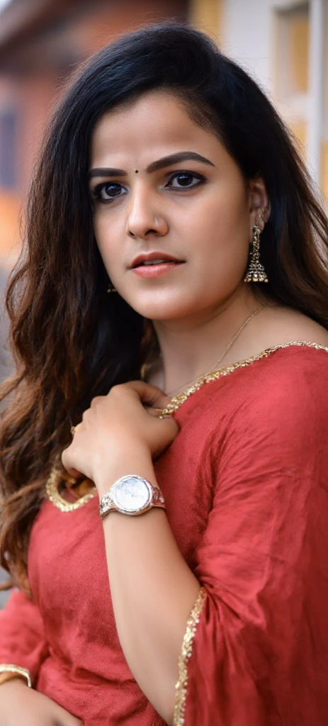 South Indian village girl, dark makeup, Red lipstick, curvy body