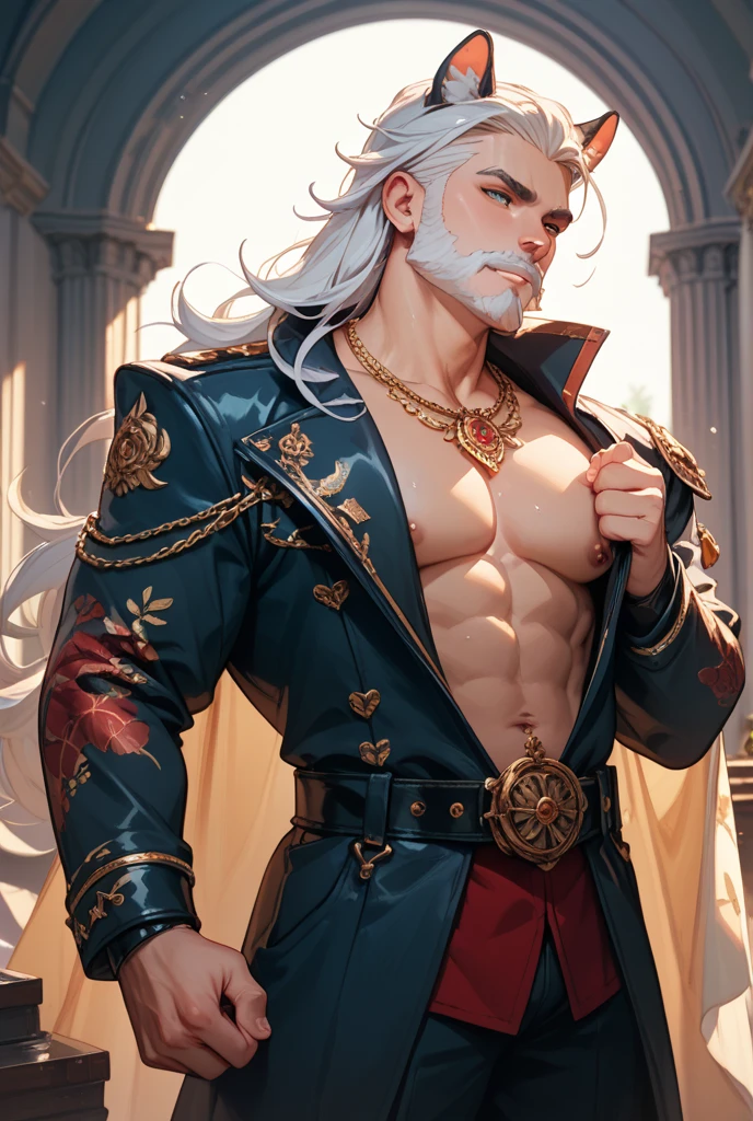 Highly detailed, High Quality, Masterpiece, beautiful man, masculine, bara, athletic, long white hair, vampire, ((detailed eyes:1.2)), renaissance clothes, bulge, bare chest, hairy, ((night)), castle background, vintage anime style, depth of field, detailed background, Realistic, (desaturated:1.0)