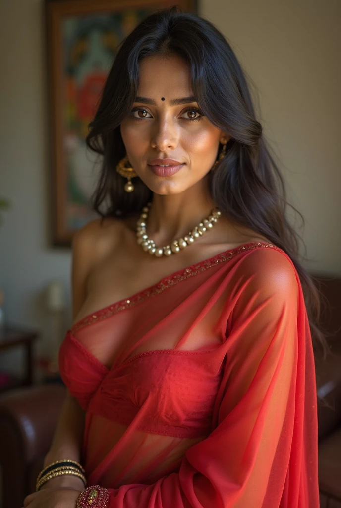 Hot and sexy indian woman, gigantic breasts, cleavage, wore stylish and design hot and red black and pink colour saree (printed Design), beautiful body, masterpiece, ultra realistic,detailed, 16 k , Film type light, potrait photography,camera angle front, looking at viewer, hour glass figure, wife