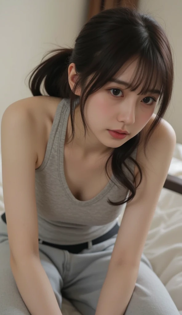 individual,young girl,23 years old, fine hair, Detailed faces, full的身材,Long hair tied up,full, Short hair details, long legs,Short hot pants, model,fast food restaurant