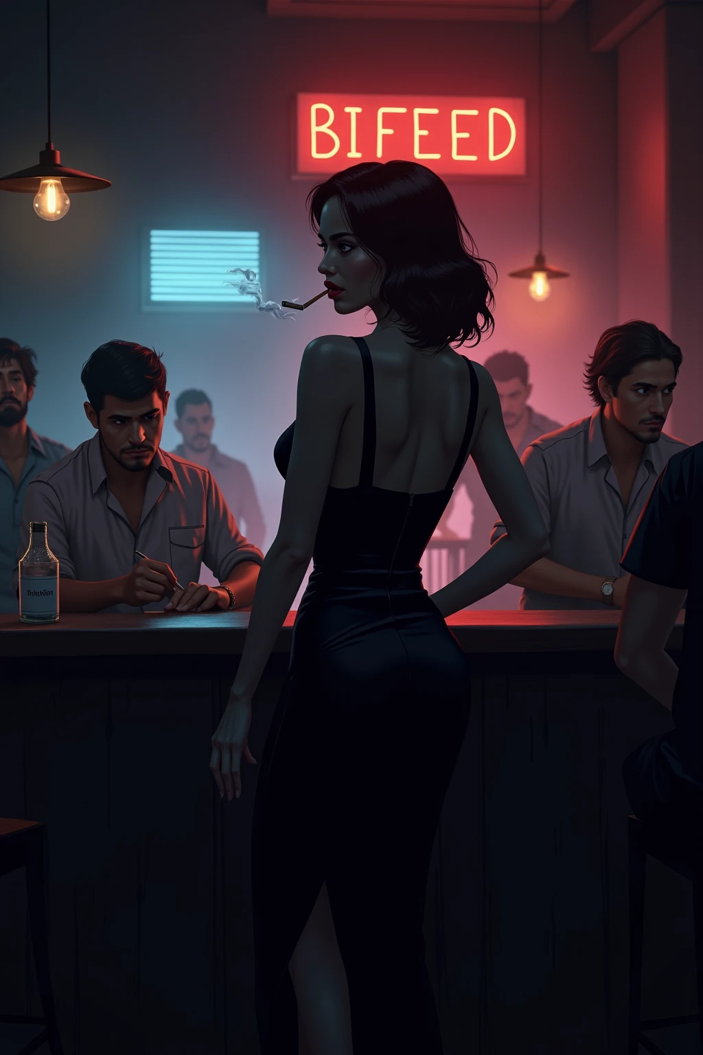 jealous woman with a rolling pin at the bar threatening her husband 