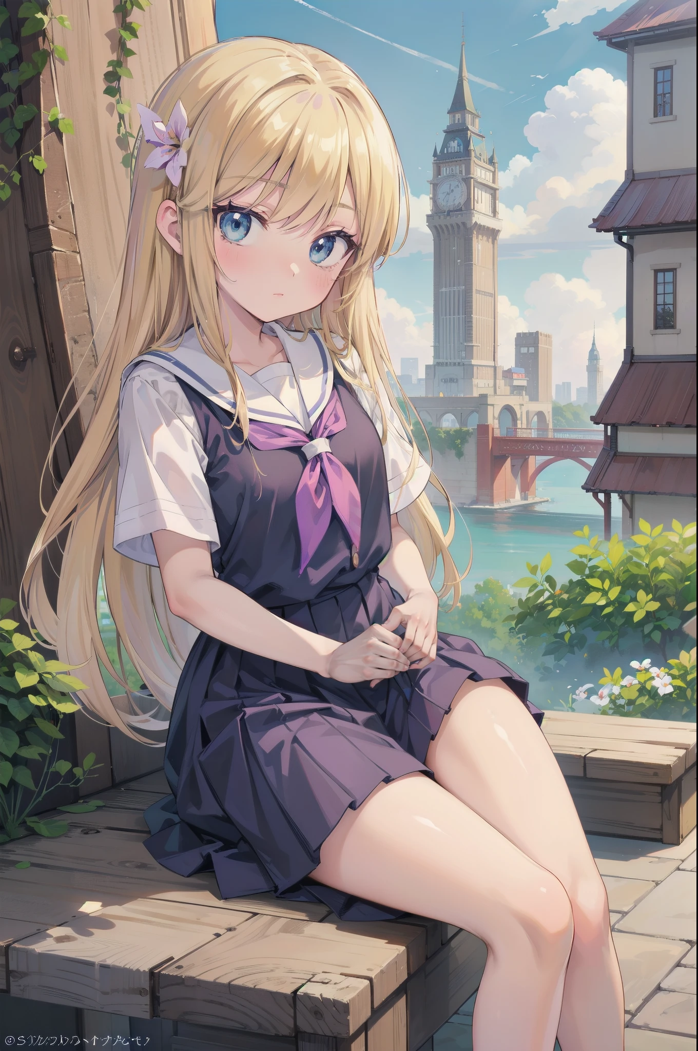  Gently stare,  by krenz Cassiato , Asuka, is sitting, Asuka, anime styleイラスト, official art, high quality anime-style art, high resolution, anime style, (summer school uniform:1.2), (face close-up:0.8), (NSFW:1.1), ( blond and blue eyed), head accessory, (flat chest:0.6), (rapunzel tower:1.3),