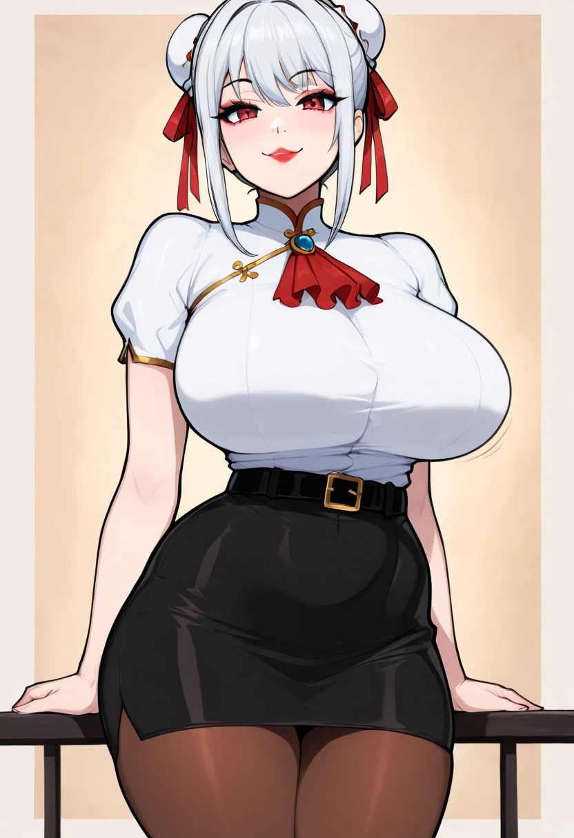 (hews art style:0.7), (hero neisan art style:0.7), score_9, score_8_up, score_7_up, score_6_up, uncensored, Kirari, braid, makeup, twin braids, blunt bangs, aqua nails, aqua eyes, blue lips, hair ribbon, grey hair, nail polish, BREAK (masterpiece:1.2), best quality, high resolution, (detailed eyes:1.3), perfect lighting, (perfect hands, perfect anatomy), large breasts, sagging breasts, veiny breast, 1girl, breasts, thighhighs, solo, skirt, breast curtains, bell, open mouth, thighs, detached sleeves, thick thighs, looking at viewer, white thighhighs, arm up, panties, red skirt, armpits, underwear, japanese clothes, white panties, outdoors, cameltoe, miko, arm behind head, pleated skirt, nontraditional miko, revealing clothes, curvy, standing
