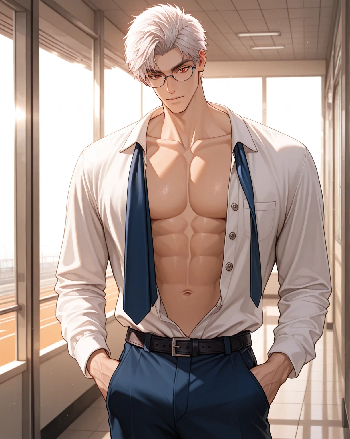 A 20-year-old Japanese boy with silver hair, blue eyes, wearing glasses, handsome and serious, with sexy abdominal muscles, and wearing only trousers and no shirt.