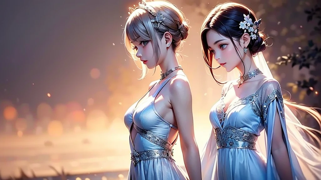European castles in the distance、The face is front、Looking at the camera、profile、8K、realphoto、超A high resolution, Master Parts, Best Quality, nffsw , cinematic images,Lovely girl、ann、16 only、Anglo-Saxon、二重まぶた、drooing eyes、Very big eyes、Eyes purple、Dark eye shadow、The lips are very thin、The tip of the nose stretches beautifully........................................、the tip of the nose is small,,,,, ighly detailed , Silver hair、Straight short hair、ssmile、 Sweet look 、a very beautiful woman、legs are long、 Very clear shadows , jewely , A sexy , A detailed eye, very intricate, shiny skins , Perfect Brilliant, Perfect Lighting, Dramatic shadows、White tiara on head、Gold necklace around the neck、White aristocratic dress with gold embroidery、