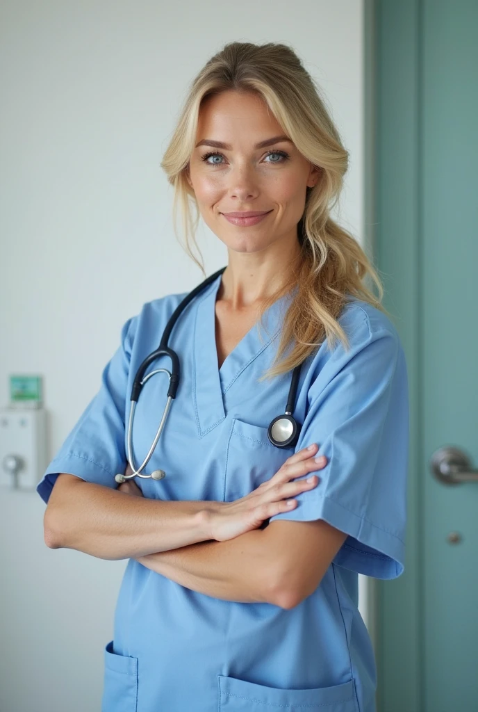 Full length portrait of a beautiful 24 year old blonde woman, wearing a nurse uniform, hospital, natural soft lights, 85mm canon lens, realistic portrait, Very detailed, analogue style, deep cleavage, sexy pose, big breasts, nerdy glasses, laughing out loud, from below
