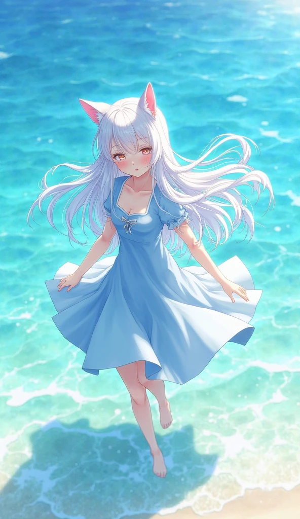 A cat girl with long white hair and ocean blue eyes with star shaped highlight wearing a white dress