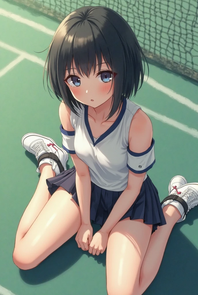 absurderes、masterpiece、top-quality、realisitic、Hyper-detailing、(skin gloss、Sweatiness:1.4)、Looking at the camera、One Woman、独奏、(Tennis Wear、White polo shirt、White sneakers、White mini skirt)、long、Short bob hair、blue eyess、(Thigh:0.5)、动态照明、hight resolution、foco nítido、depth of fields、((small tits、very slender body)),((Skirt twisted、Showing the crotch of panties、Posture on all fours)),(red blush、Embarrassed look、)