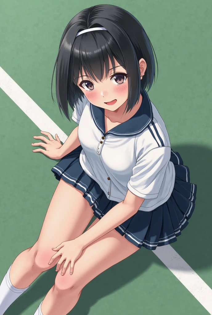 a matter of fact, daytime, sunlight, 1 girl, 8K resolution, blue hair, blue eyes, glowing eyes, white short skirt, Blush, tennis, sleeveless shirt, sunlight, Wet from the rain, seethrough, Sit with your knees raised., pussy, smile, the skirt is blowed up, highest quality, High resolution, highly detailed face, perfect lighting, Very detailed CG, (perfect hands, perfect anatomy), mini yaemori, perfect figure, in love expression, bottomless, armpit,