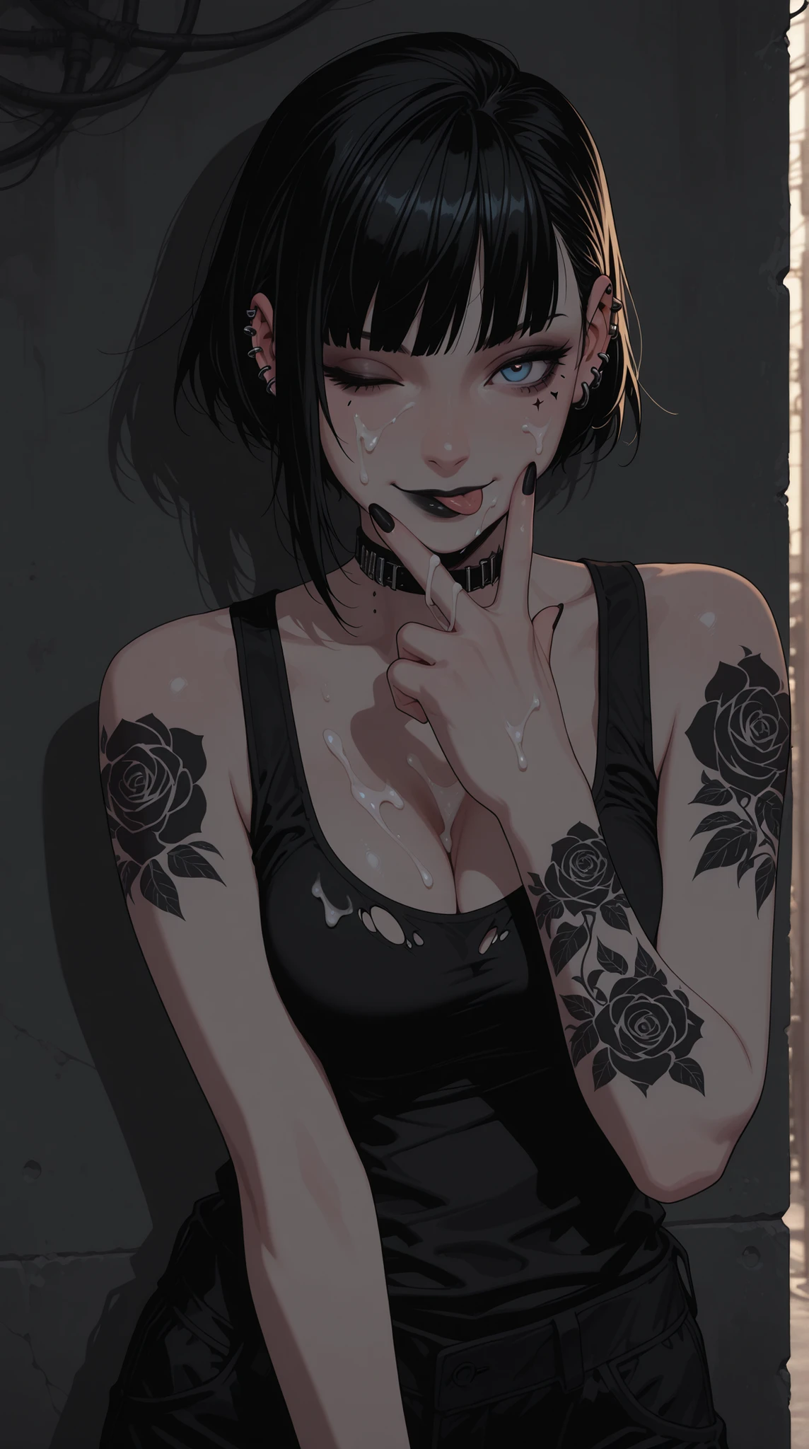 HDR, 8K, high contrast, masterpiece, best quality, amazing quality, very aesthetic, realistic, newest, volumetric lighting, (flat colors:0.7), (artist:incase:0.3), (artist:tsuaii:0.3),Sinozick_illu, HassaKu_illu, 1girl, blue eyes, black lipstick, eye shadow, black hair, pixie back fade haircut, pierced ears, tattooed neck, cum on face, medium breasts, torn black tank top, cleavage, cum on chest, cowboy shot, ;q, tongue out, v over mouth,