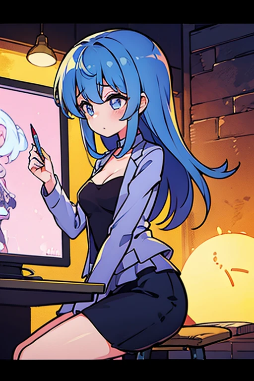 ItsAllFuckingLewdsMeme, monitor, blush, angry, open mouth, black hair with blue highlights, ponytail with bangs, black lipstick, heavy mascara, extremely thick eyeliners, (full body, detailed face), HD, huge breasts, looking back, looking at the viewer, bedroom, 1girl, masterpiece, lisa \(genshin impact\)