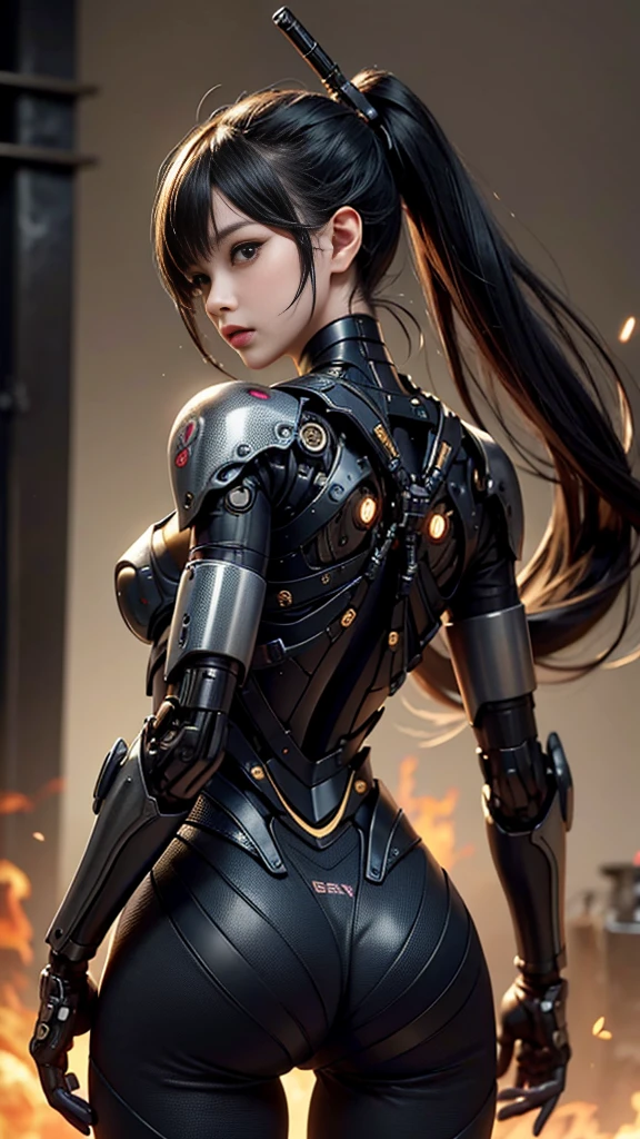 (Masterpiece), (Best quality), Photorealism, Realistic, Ultra detailed, Perfect face, Perfect body, 1girll, Beautiful girl, Girl in red armor, Mechanical armor, exoskeleton, Stand, Cool pose, Sexy, Watching from behind