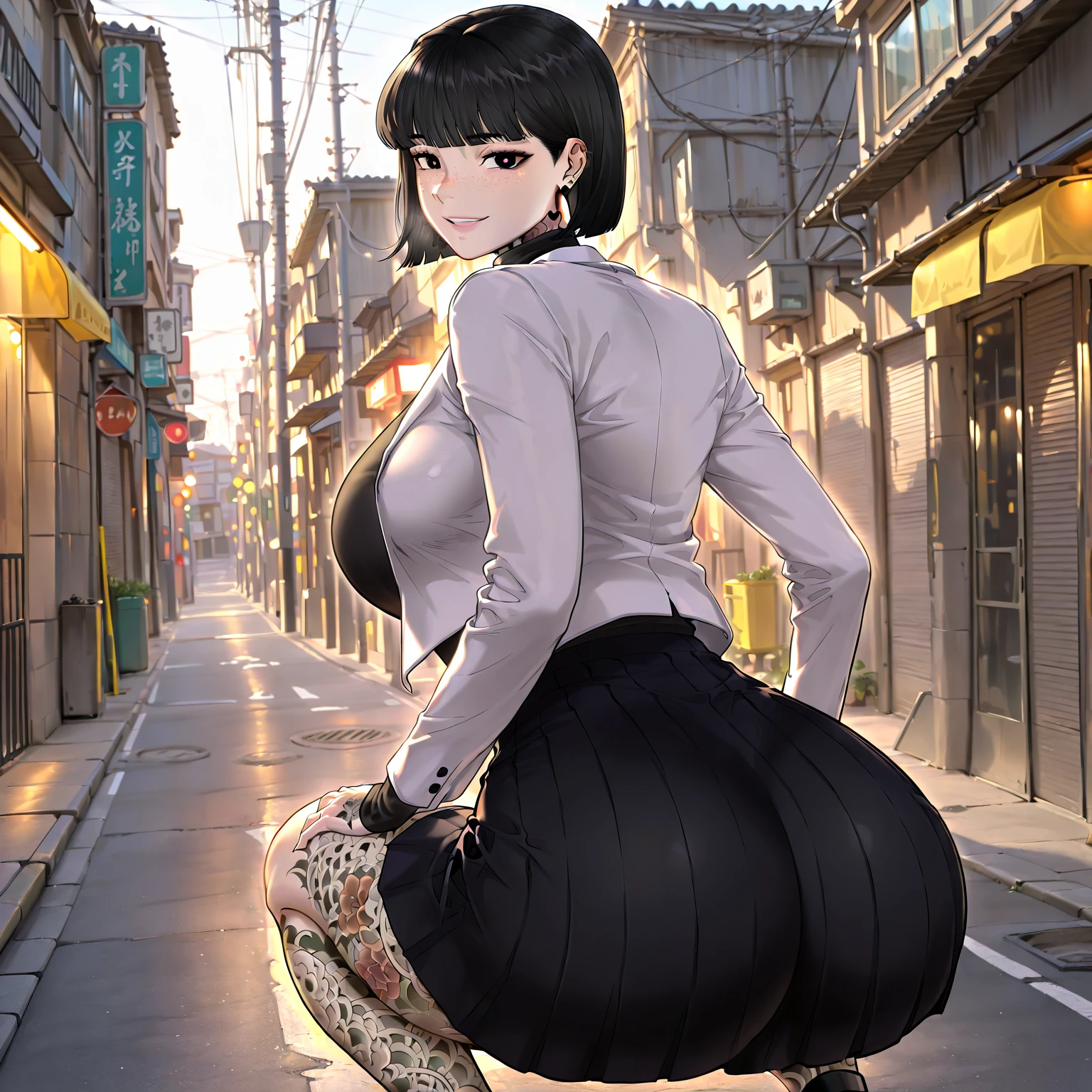 ((1 girl)), ((alone)), Fubuki, ((Fondo de pantalla CG unity 4k extremely detailed)), (Masterpiece), (Ultra quality), (ultra detailed), (best illustration), (best shadow ), (extremely detailed), looking at the viewer, (absurdities), (detailed background), curvy body, dynamic pose, cowboy photo, big breasts, narrow waist, Wide hips, medium thighs, round butt, black fur, (green eyes: 1.2), short short hair, big breasts, black dress, dress, white fur coat, long neck, jewelry, collar, cropped shoulders, tight clothes, tightly dressed , SMILE, Open mouth, seductive, standing, cowboy photo, Propensity forward, Propensity, backlighting, ((Alone)), ((standing:1.4, outdoor, City, Cityscape, streets, evening, farolas la City, arms behind the back)), looking back, from behind, ((Focus on the ass)), point of view: (from below), perfect anatomy, perfect hands