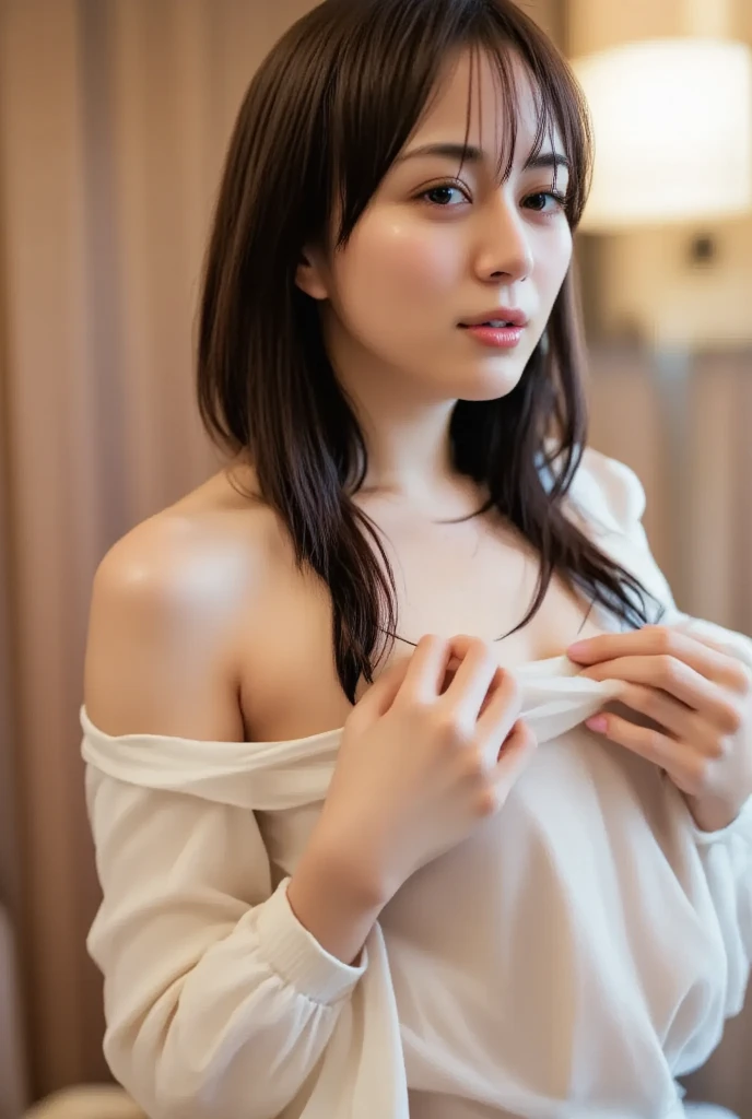 ((extreme close up)), side view, watching camera, A sophisticated bar setting exudes an atmospheric glow, featuring stylish dim lighting and a cozy ambiance. In sharp focus, a thin Japanese actress in her 20s, with tied medium, loosely curled brown hair, sits on a bar stool. Dressed in a white plunging neckline tight long dress, licking a short cocktail. inviting me to drink together, The scene captures an elegant, intimate mood, enriched by warm lighting and rich textures, creating a masterpiece of visual allure., from side, UHD, masterpiece, anatomically correct, textured skin, super detail, nipple slip