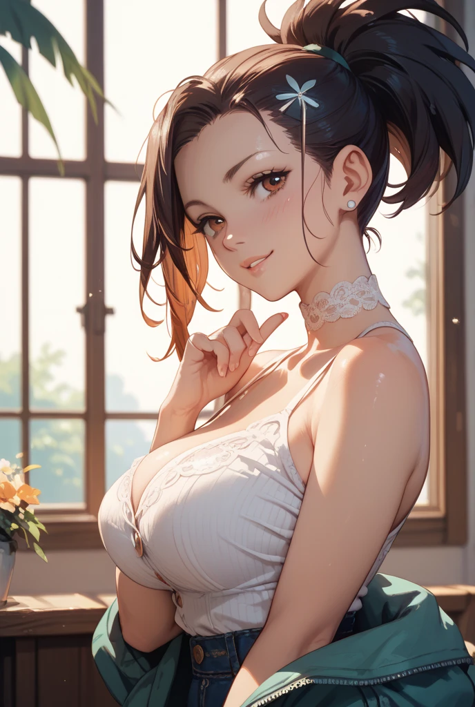 Highest quality、Realistic、Japanese、female、zoom、cute、Grey Eyes、Hair Bun、Chestnut Hair、Back to all、the forehead is protruding、Wedding Lingerie、Looking down、smile、thin、Small breasts