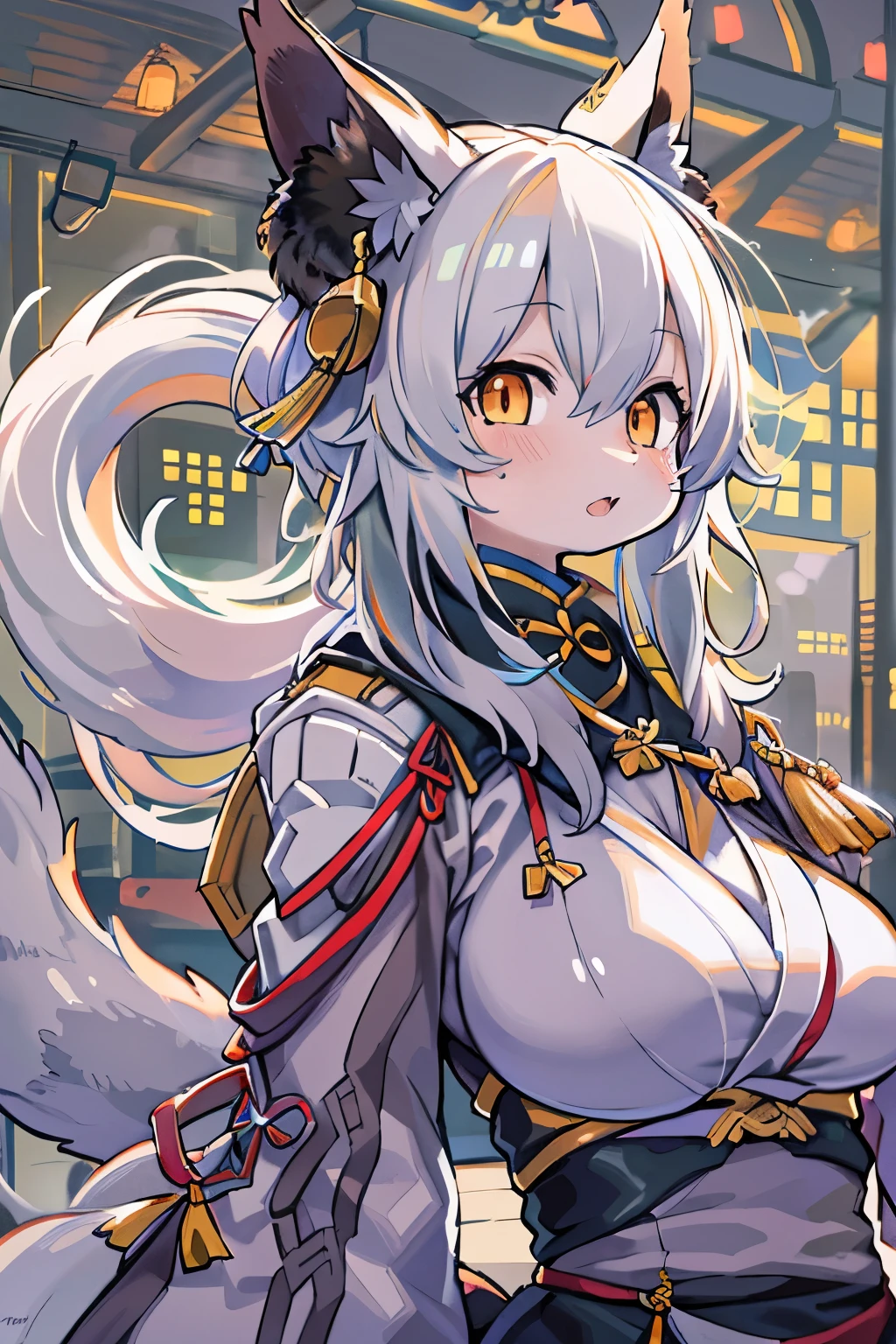 fox girl, white hair, yellow eyes, skimpy japanese outfit, tan skin, (best quality, masterpiece, colorful, dynamic angle, highest detailed), ((mature woman, hair ornament, exposed cleavage, looking at viewer, seductive smile, glow eyes