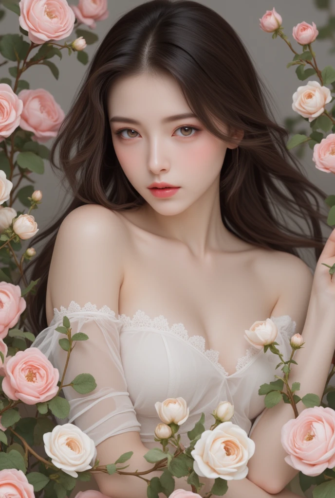 (1girl in:1.3), Cinematic Light, (masutepiece, of the highest quality, Best Quality, Beautiful and aesthetic:1.3), ighly detailed,highest details,(Ultra-detailed),,
From above,(( lying on bed)),
Solo, breasts, Silky long hair, (Brown hair), Roses were scattered all over the beds,
((Suit)), ((Shirt)), opened breast,((Eyes closed))、