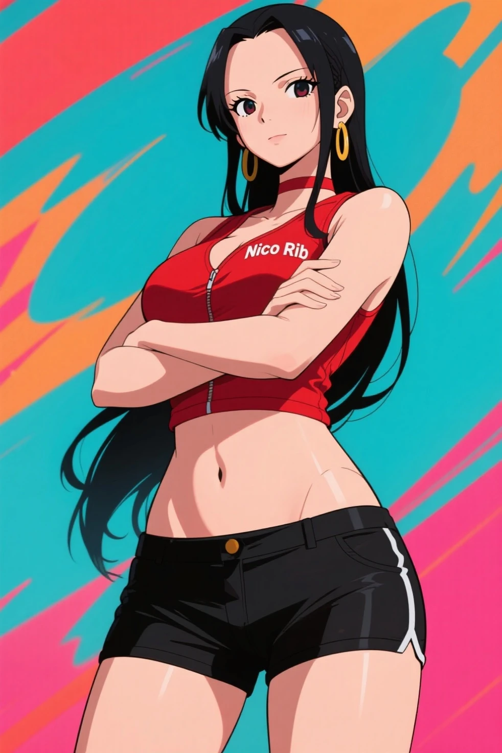 Monochrome, red background, a girl, duck tongue cap, navel exposed outfit, hot pants, hippie style, rock, squat, bow, Winner gesture, (from front: 1.3),