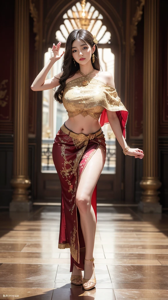 (巨作, Best quality, Realistic),
1girll,(on the St. Peter's Square of Vatican,crowd), sankta. Peter's Square of Vatican background, gypsy dress, Dancing, Elaborate dress, Gold,banquet, crowd, picking up skirt,Pale skin,
[Slight smile],