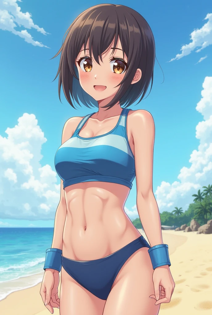 Trained abdominal muscles, muscle, Brown skin, Dark skin,boyish,Shortcuts, Black Hair,National costume, Shoulders are exposed、Developed deltoid muscle Armpits are visible,Anime Art, The whole body fits into the angle of view, Sweat, Contrasting blue sky,Early teens,smile,Slim body,girl,
