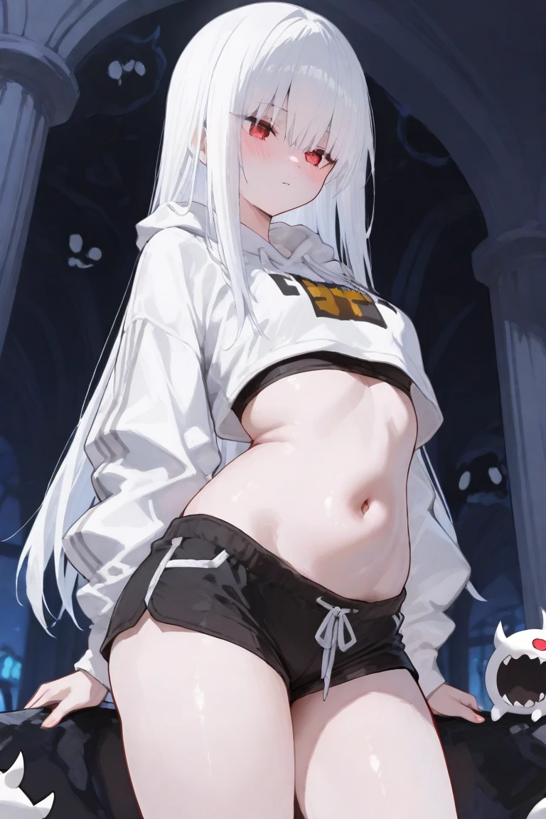 young woman, long white hair, black horns, black sweatshirt, short shorts, with white socks, black, yellow and white sneakers