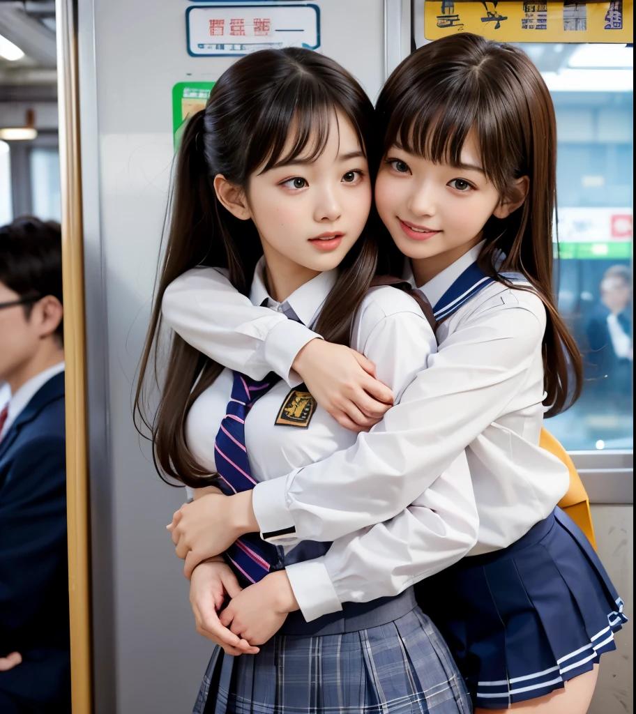 2 cute high school girls、( high school girl in uniform)、full body photo撮影、(Get on a crowded train、(Crowded car interior))、(Bian、homosexuality)、( hug:1.4、hugs you from behind:1.4)、 Expressions of joy 、Ecstasy、full body photo、In a high school uniform、(Perfect Anatomy、 charming)