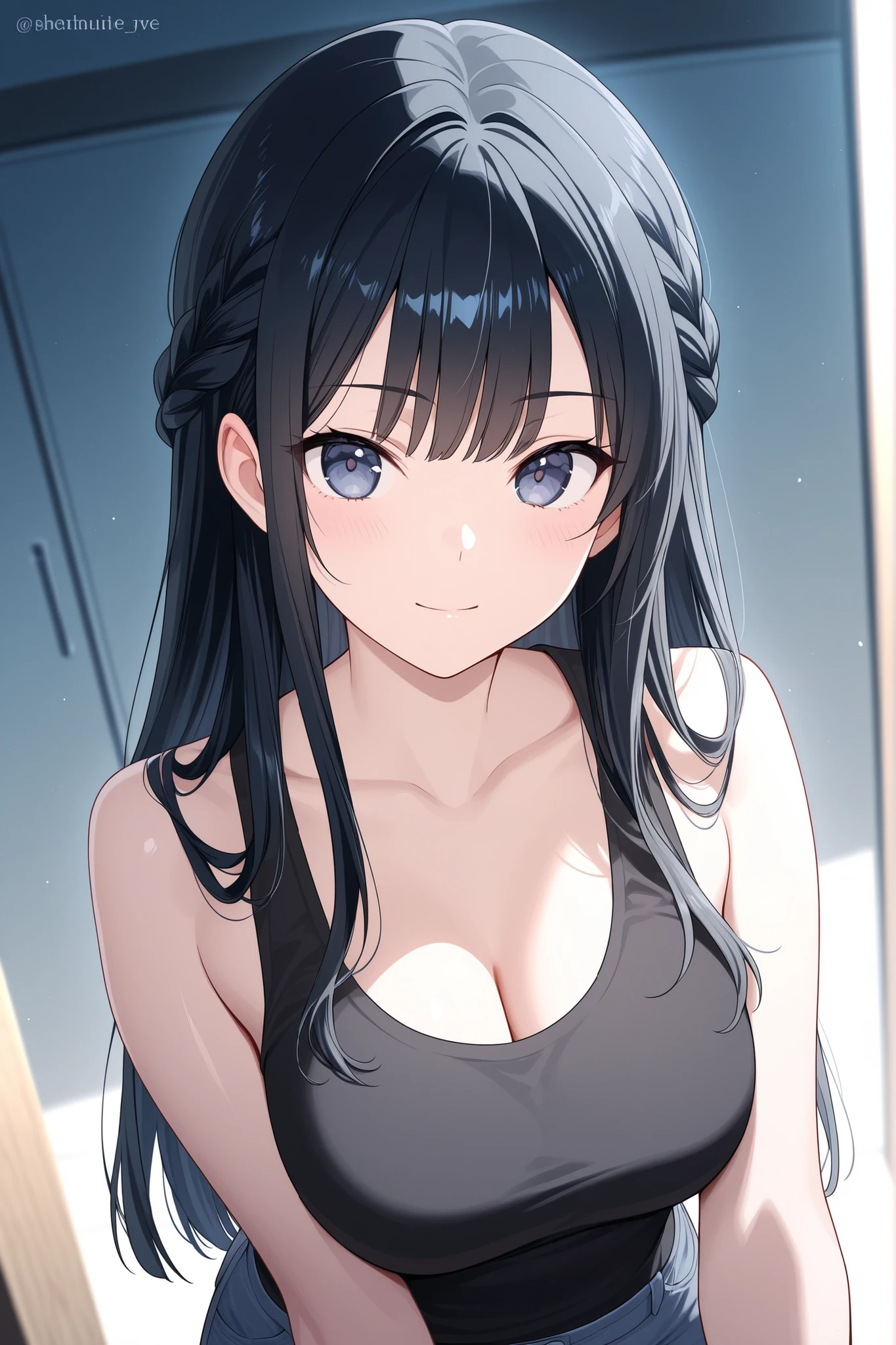 Anime girl with black hair and gray top poses for photo, Hinata Hyuga, anime moe art style, tall, Nico Robin, shikamimi, gapmoe yandere grimdark, Ecchi anime style, [[[[grinning evily]]]], harumi