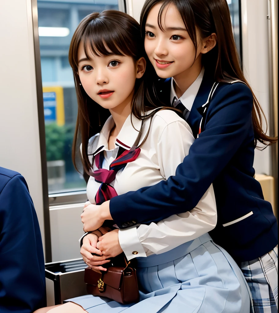 2 cute high school girls、( high school girl in uniform)、full body photo撮影、(Get on a crowded train、(Crowded car interior))、(Bian、homosexuality)、( hug:1.4、hugs you from behind:1.4)、 Expressions of joy 、Ecstasy、full body photo、In a high school uniform、(Perfect Anatomy、 charming)