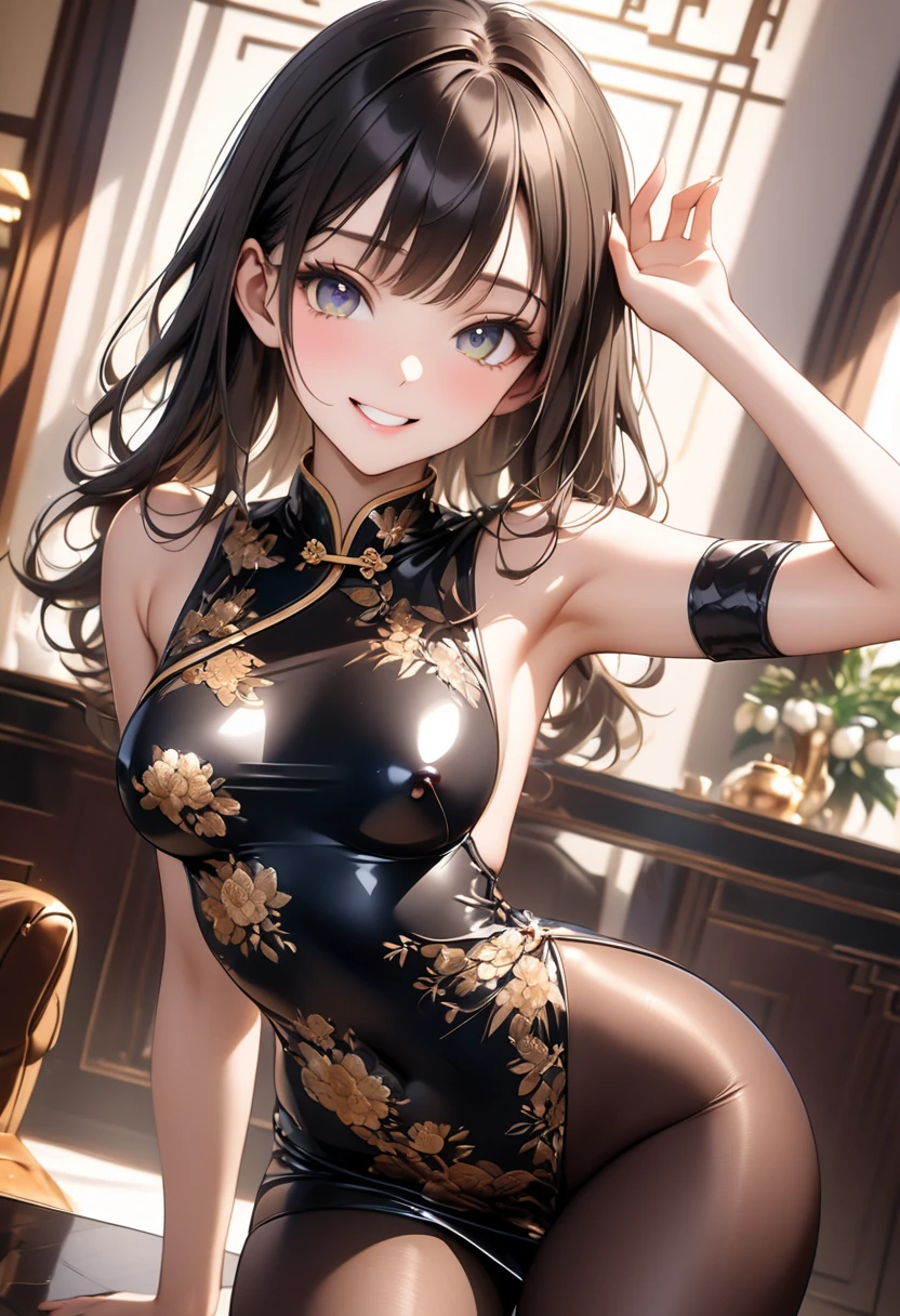 masterpiece,best quality,highres,ultra-detailed,aalingyin,long hair,twintails,hair ribbon,yellow ribbon,small breasts,bare shoulders,china dress,chinese clothes,short dress,cleavage cutout,sideboob,thighs,hands_on_hips,furrowed_brow,indoors,