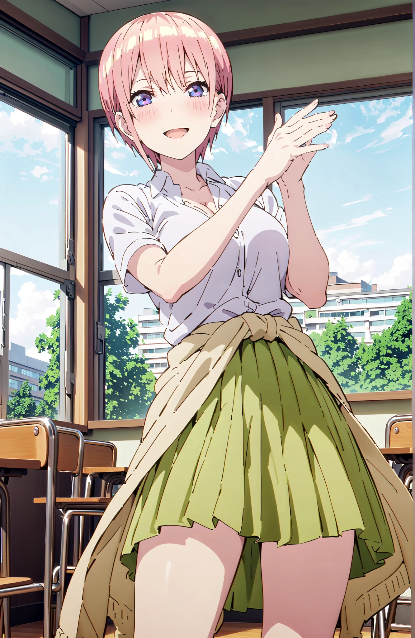 Nakano Ichika, short hair, bungs, blue eyes, hair between eyes, pink hair,Big Breasts, cleavage,in their 40s skirt, shirt, uniform, white shirt, Short Sleeves, pleated skirt, shoes, socks, collared shirt,sweater, white socks, (Green Skirt:1.5), Clothes around the waist,Short sleeve,I'm holding a bouquet of yellow flowers with both arms, Flower blowing snow,smile,blush,open your mouth,standing,curtains,window,machine,chairs,blackboard,in their 40s indoors, Classroom,
in their 40s looking at viewer,full body,
in their 40s (masterpiece:1.2),Highest Quality ,Kampala,unity 8k 壁紙,(shape:0.8),( fine and beautiful eyes :1.6),It's a person ,full body写真,CG Details , (perfect hand in h,Complete Anatomy),