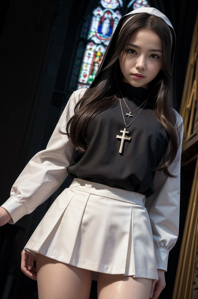 1womanl、25-years old、Cultivated woman、(ultra beautiful faces:1.5)、(Black monastic vestments:1.1)、Sit on a chair in the chapel and open your crotch、(The body is facing this way:1.3)、(spread legs to the sides:1.1)、Cross Necklace、Church Chapel、(At SFW)