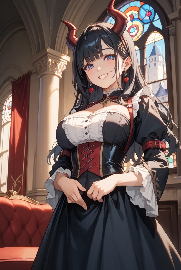 ((Anime art style)),(masterpiece),(Highest quality), (Very detailed),((Very delicate and beautiful)),((alone)),((whole body)),((1 princess in a gorgeous Victorian dress)),Lots of frills,Detailed face and eyes,Jewel-like eyes,((There is a volume and、Very long straight hair)),((Gorgeous embroidery and lace)),Gorgeous corsage,See through,gorgeous hair accessory,Gorgeous sparkling jewel tiara,Gorgeous frills,((Huge breasts,Long chest)),Skin dents,((whole body)),((Skirt of Hope,crinoline)),Standing pose,Dynamic Angle,Show Viewer,Royal Victoria Palace,(((A gorgeous Victorian dress with rich embroidery)),whole body,Big Breasts, Grin、With a creepy smile, A smile with downturned corners,View your audience, blush, Open your mouth,Please place your hand on your chest