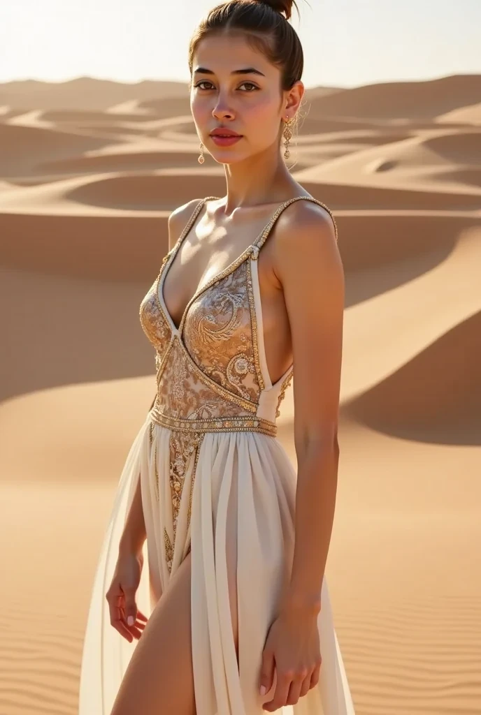 Image Description:

In the heart of a sprawling, golden sandy desert, a captivating Arab female model stands, her slender, very naked back illuminated under the blazing direct sunlight. Her skin tone, a delicate shade of light fair, glows with a subtle yellowish tan, a testament to the sun's unyielding embrace. The loose hair that frames her face cascades down her back, the sun's rays lending it a radiant sheen.

The model's attire is an almost transparent off-white Tally fabric dress, its intricate golden patterns accentuating her exquisite form. The dress is backless, revealing the