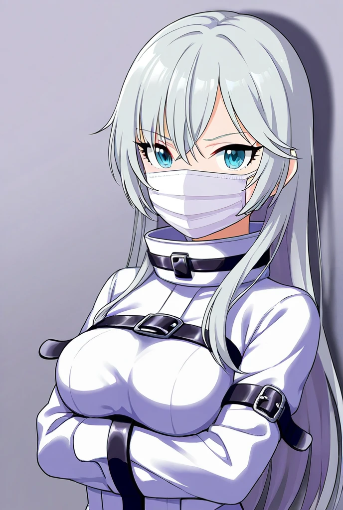 (absurdres, 8k, 4k, masterpiece, hyper extreme detailed:1.2), solo, 1girl, front view, portrait, best quality, perfect face, 1girl, portrait, solo, standing, Female, toned body, mature female, EJP breasts, , long hair, delinquent, sarcastic, swept bangs, midriff, exposed collarbone, exposed left shoulder, standing up, half body, shorts, bound, bondage, (arms behind back:1.4), bdsm, tape gag, tape, tape bondage, restrained, tape wrapped, wrap gag, bondage, taped wrists, taped breasts, taped mouth, taped elbows, taped forearms
