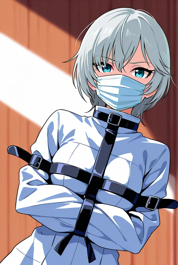 girl, japanese clothes,((flat chest)),slender,long hair,(),white hair,(((helmet))), prison, collar