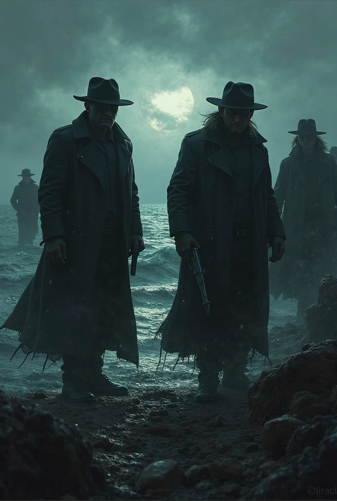 comics style criminal investigation investigating a crime scene on a secluded beach in the gloomy morning with blood and mystery