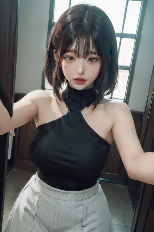 masutepiece, Best Quality, Black eyes、Japanese ido、(-yeld gi1.5)、(Embarrassed look:1.3) 、(pretty pose:1.6)、(Smaller chest)、(Smooth short-cut hair:1.7)、Very white skin、Letting down your bangs、Detailed body、Detailed hand、No makeup