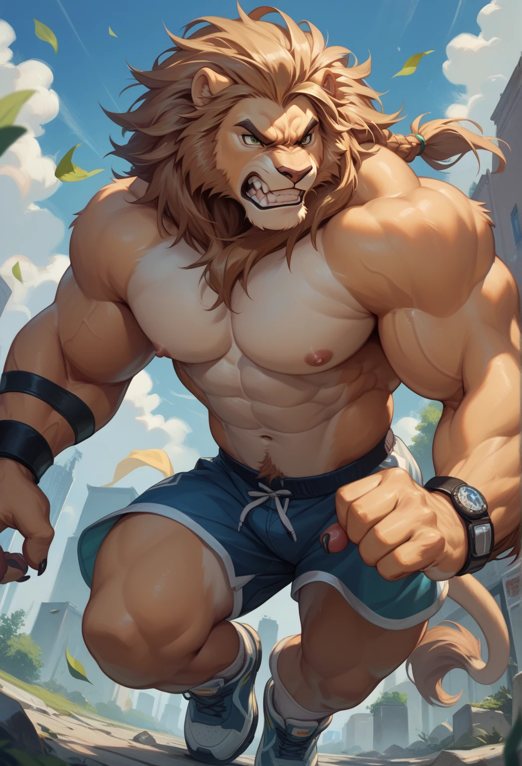 Lora:, altura toda. 4K, high resolution, melhor qualidade, A photorealistic image of the Beast from the movie Beauty and the Beast, super muscular giant, with muscular arms, broad shoulders, giant and toned physique, bursting muscular veins, blue eyes, tail, super furry brown fur, backward facing horns, with veins jumping, barefoot, super giant in the center of a city, masculine, ( peitorais fortes, defined muscles, ombros musculosos), anatomia correta, (por Wfa:1.0), (por Takemoto Arashi:1.0), (por Taran Fiddler:0.5), sensual, (cel sombreado, sombreamento de desenho animado:1.2), arte linear preta, contorno preto, flat coloring, (sombras fortes, sombras escuras:1.2), (shorts rosa, topless, luvas de boxe), sensual shadows, lion tail, postura esbelta, abrir mouth, showing the tongue, abrir:1 olhos, olhos detalhados, Exausta, suor molhado:1.2, (machucado:1.6, Shiner:1.2), mentindo