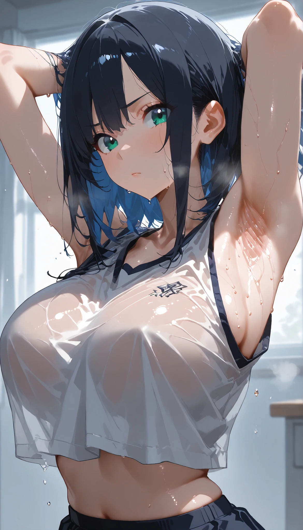 highest quality,wonderful,finely,extremely detailed CG Unity 8K wallpaper, (1 girl,wavy hair, blue eyes,medium hair), (small breasts:1.2), (school swimsuit:1.1), (bare shoulders:1.1), (clavicle:1.1), (semen:1.2), (:1.2),(sperm:1.2), (zettai ryouiki:1.2),(constriction:1.2), (Are Standing:1.2),(Nipples),(Nipples visible), ((cum,sperm,semen)),(((cum on face))),((ejaculation semen)),((ejaculation cum)),(((bukkake))),purple hair,arms up,armpit,locker room,(((cum on body)))