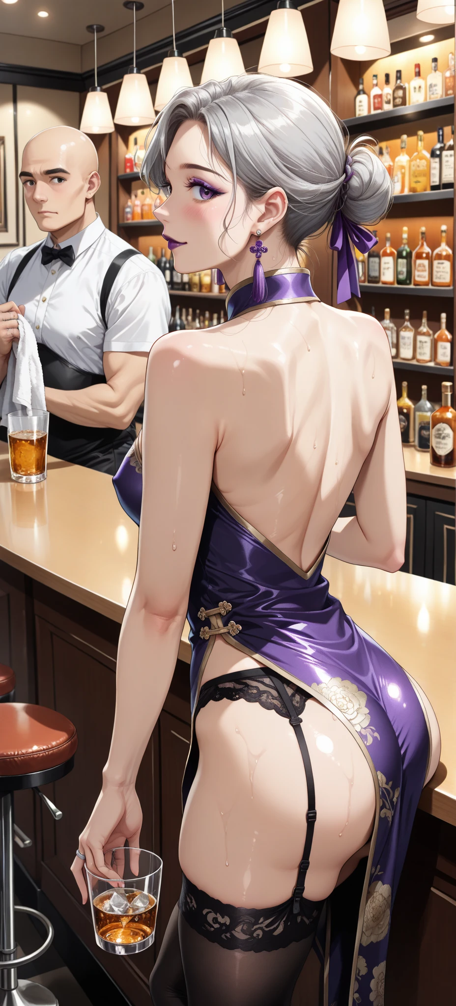 (masterpiece, best quality), looking back,A group of female adventurers set in a medieval fantasy world.3people,Dancer、 (At the pub), Mr..々Hairstyle, Harem, night, detailed aspects, polka dots good, Very short pleated mini skirt with embroidery pattern, Seduce, Sleeveless, armor 、Shoulder Armor、Showing panties、Big Breasts、Big Ass、Wide waist、Pull up their skirts