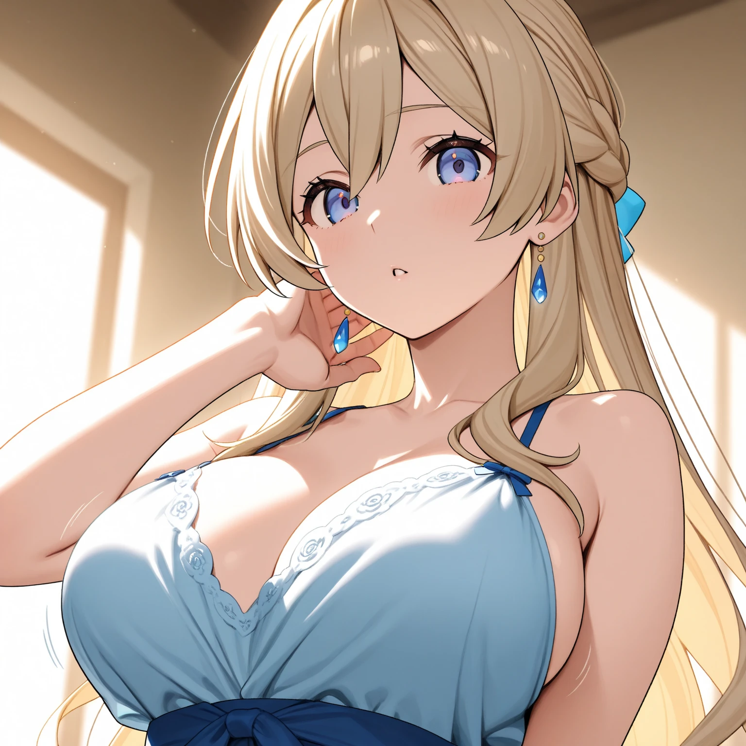 (masterpiece:1.2, best Quality:1.1, 32K HDR, high resolution), (big breasts:1.1, cleavage:1.1, perfect slim body:1.2), (detailed face, detailed eyes, detailed skin texture, perfectly shaped hands, 5 fingers), (delicate and beautiful hands and fingers), ai hayasaka, bangs, blue eyes, blonde hair, hair ornament, hair between eyes, sidelocks, side ponytail, scrunchie, hair scrunchie, blue scrunchie, solo, 1girl in, sexy pose, beach/school/bathroom/karaoke room,mall,